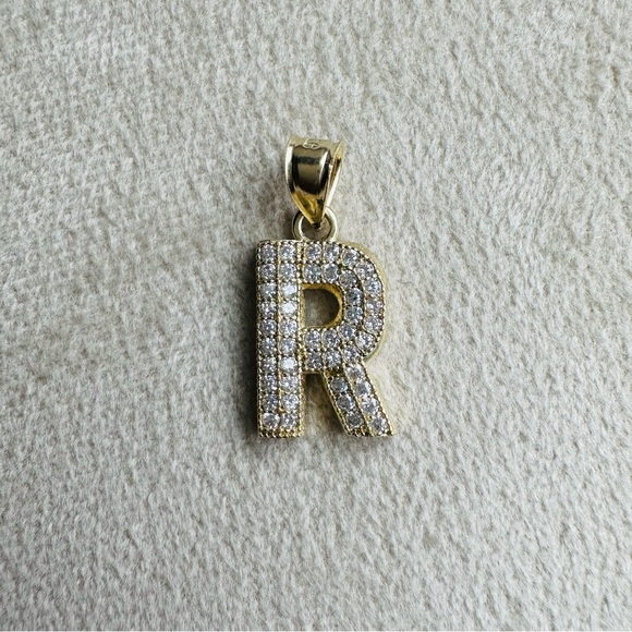 Solid 10k Gold Sparkling Pave Letter R Initial Pendant or Charm with CZ - Picture 7 of 10